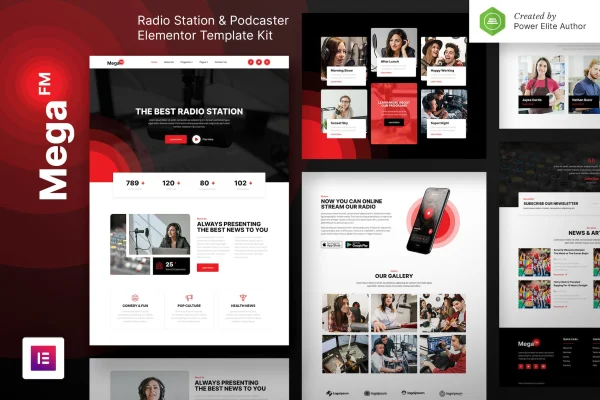 MegaFM radio station and podcaster Elementor template kit preview