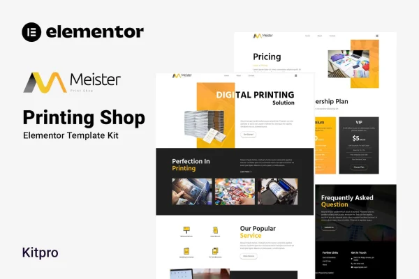 Meister printing shop Elementor template kit cover showing website page layouts