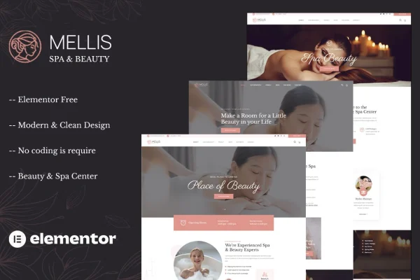 Mellis beauty and spa Elementor template kit cover showing salon website page designs