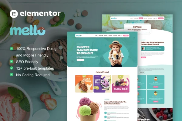 Mello ice cream shop Elementor template kit preview with colorful page layouts