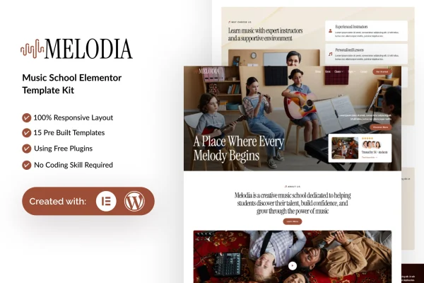 Melodia music school Elementor template kit cover showing course and instructor page layouts