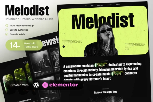 Melodist musician profile Elementor template kit cover image