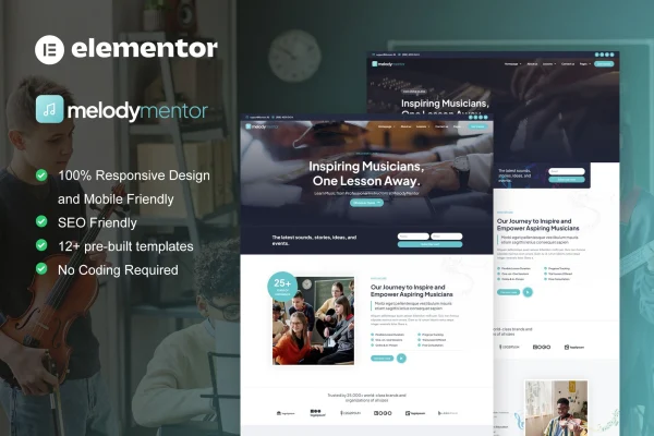 MelodyMentor music school Elementor template kit cover
