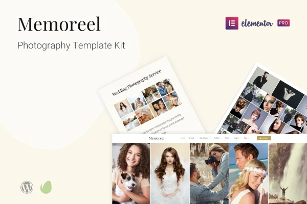 Memoreel photography template kit cover showing portfolio page layouts