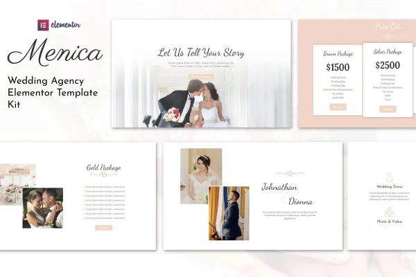 Menica wedding Elementor template kit preview with elegant page layouts