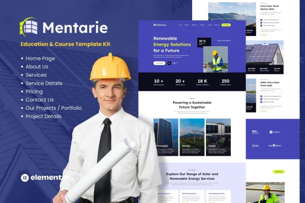 Mentarie solar panel and sustainable energy Elementor template kit preview