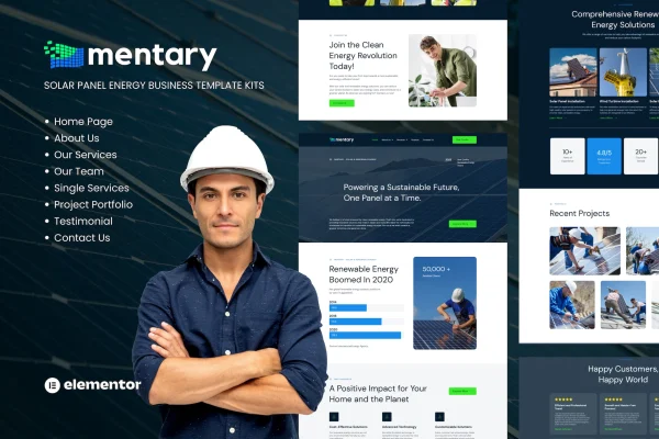Mentary solar panel and renewable energy Elementor template kit preview