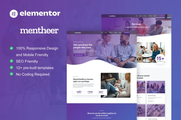 Mentheer mental health therapy Elementor template kit preview