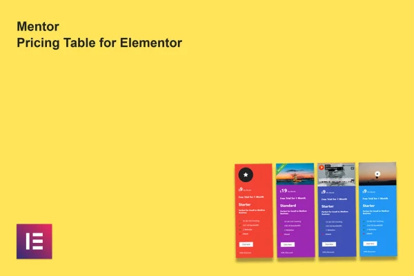 Mentor Pricing Table for Elementor plugin banner with sample pricing table designs
