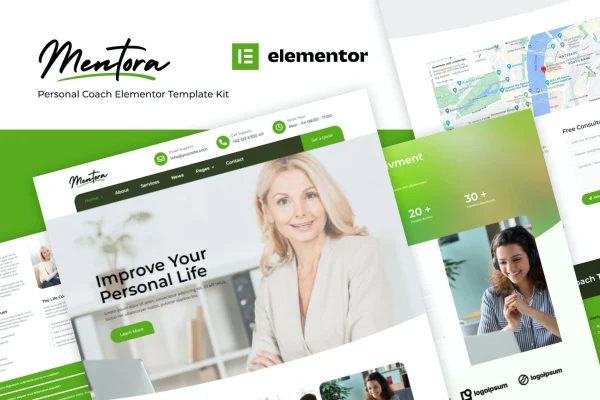 Mentora personal coach Elementor template kit page previews