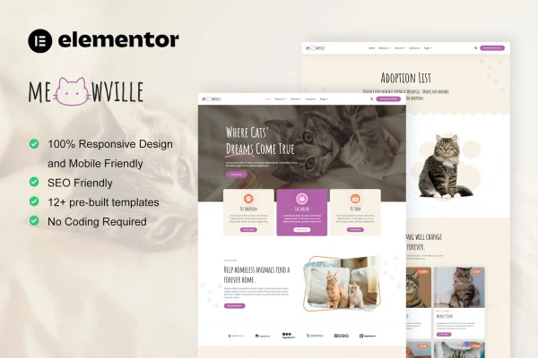 MeowVille animal shelter and cat breeder Elementor template kit preview