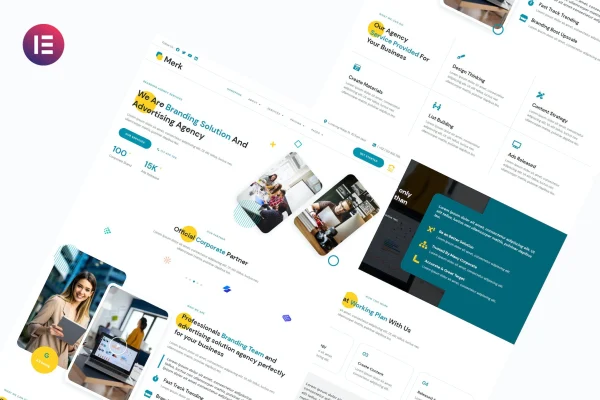 Merk branding and advertising agency Elementor template kit preview