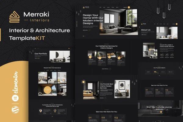 Merraki interiors and architecture Elementor template kit preview with minimalist page layouts