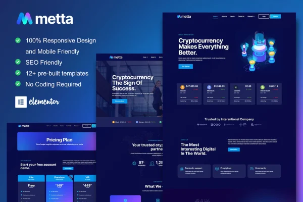 Metta cryptocurrency and blockchain Elementor template kit cover with dark style page previews