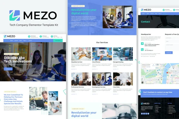 Mezo tech company Elementor template kit page previews