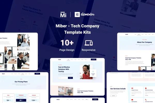 Miber tech company Elementor template kit cover showing website page layouts