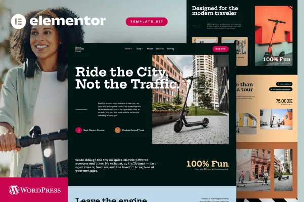 Micromobility Tours Elementor template kit preview for an electric scooter and bike rental website