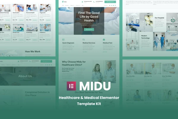 Midu healthcare and medical Elementor template kit cover showing clinic website pages