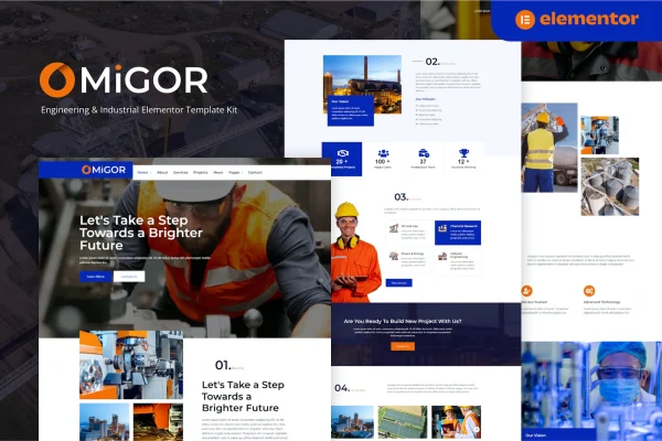 Migor engineering and industrial Elementor template kit preview