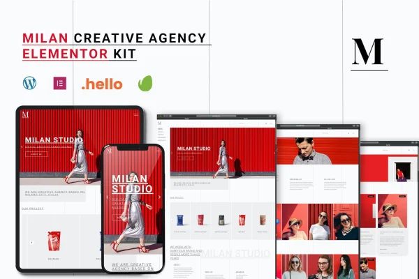 Milan creative agency Elementor template kit cover showing minimal page layouts