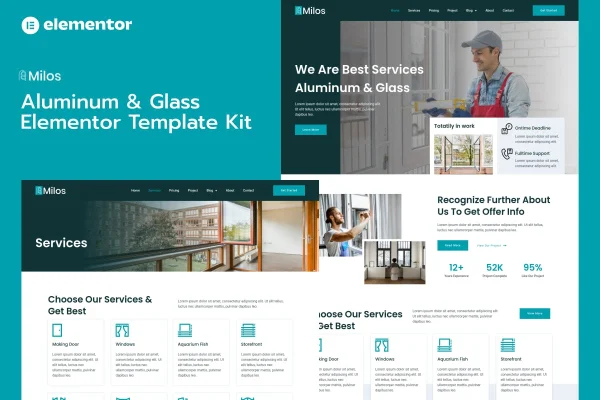 Milos aluminum and glass Elementor template kit page previews