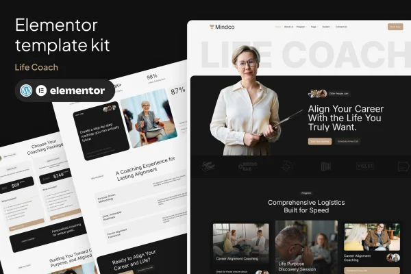 Mindco life coach and counseling Elementor template kit page previews