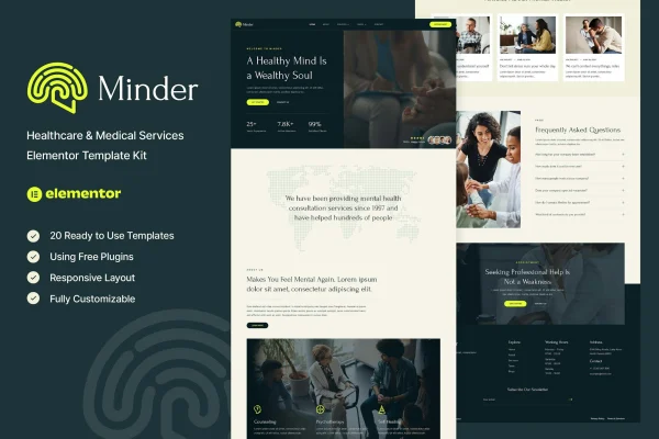 Minder mental health and therapy Elementor template kit preview