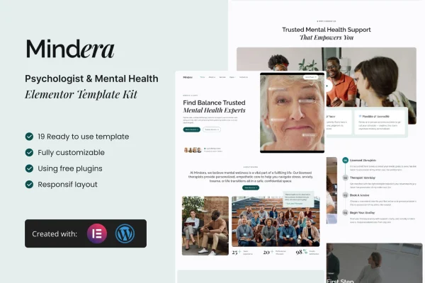 Mindera psychologist and mental health Elementor template kit preview