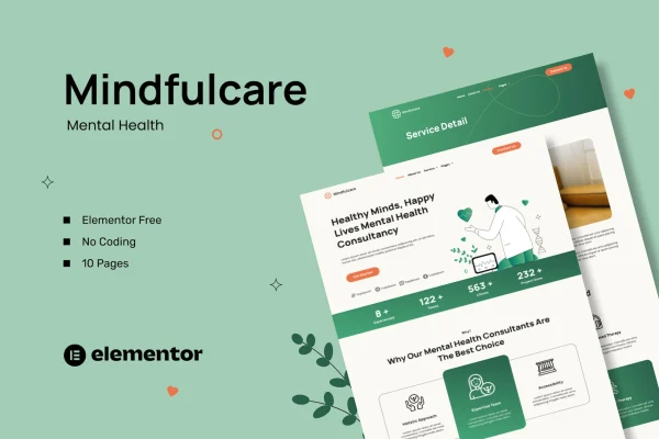 Mindfulcare mental health consultant Elementor template kit preview