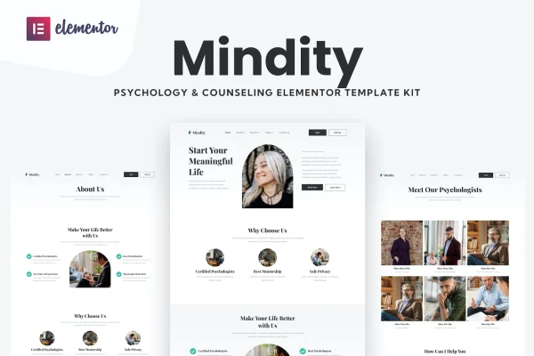 Mindity psychologist and therapist Elementor template kit preview