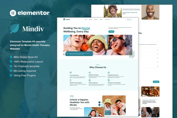 Mindiv mental health therapy Elementor template kit preview