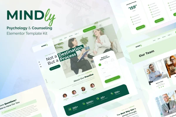 Mindly psychology, therapy and counseling Elementor template kit preview