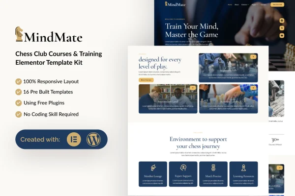 Mindmate chess club and training Elementor template kit preview