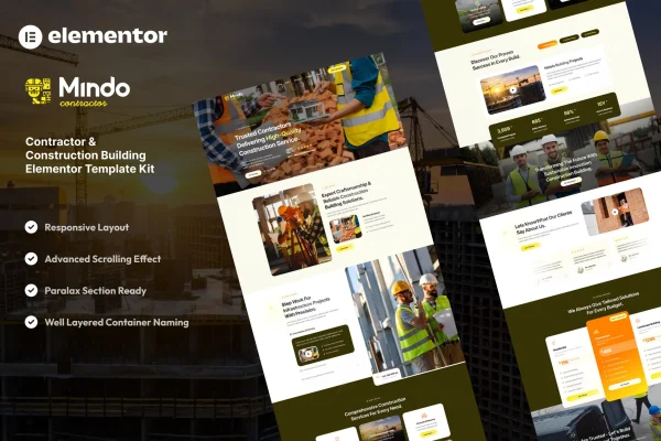 Mindo contractor and construction Elementor template kit preview