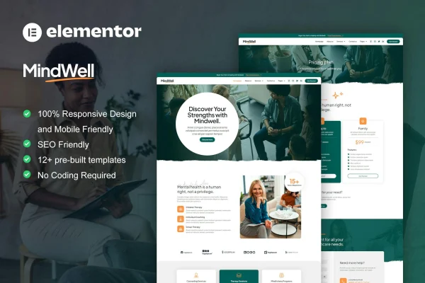 MindWell mental health care Elementor Pro template kit preview
