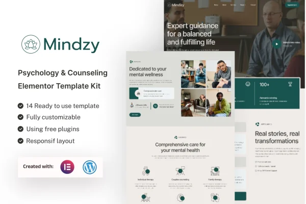 Mindzy psychology and counseling Elementor template kit preview