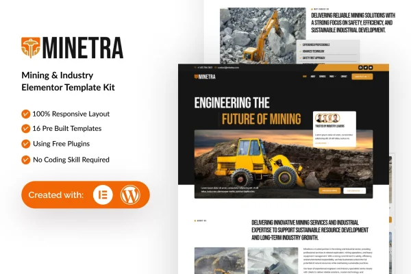 Minetra mining and industry Elementor template kit cover image
