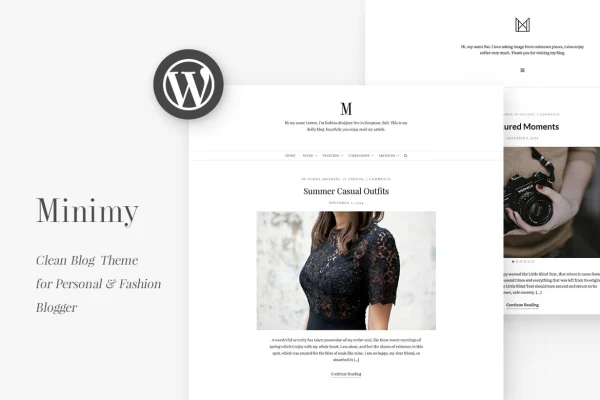 Minimy WordPress theme preview showing a clean personal and fashion blog layout