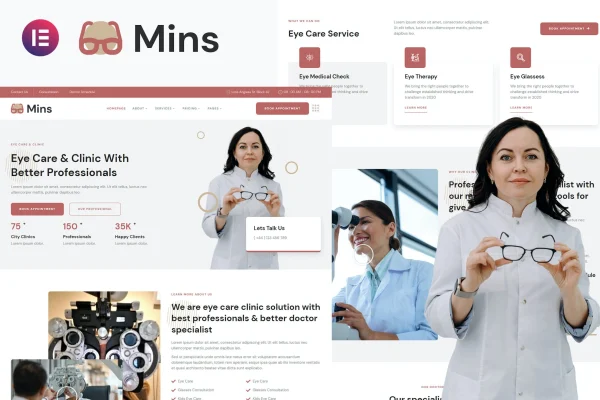 Mins eye care clinic Elementor template kit cover showing website page layouts