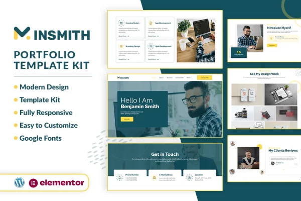 MINSMITH portfolio Elementor template kit cover showing modern page layouts