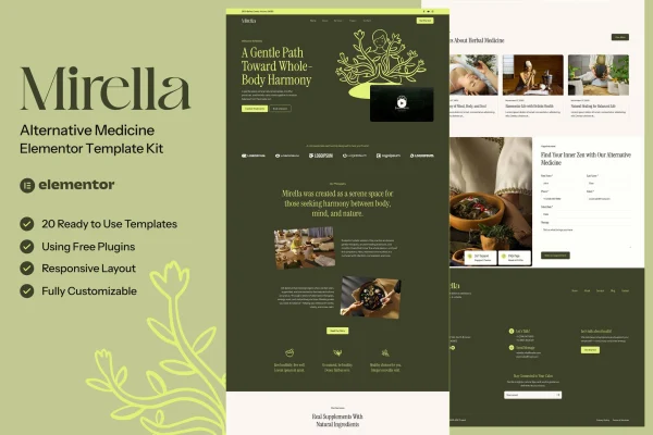 Mirella alternative medicine Elementor template kit cover showing calm wellness page layouts