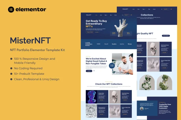 MisterNFT NFT portfolio Elementor template kit cover showing website page layouts