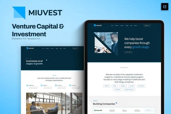 Miuvest venture capital and investment Elementor template kit preview