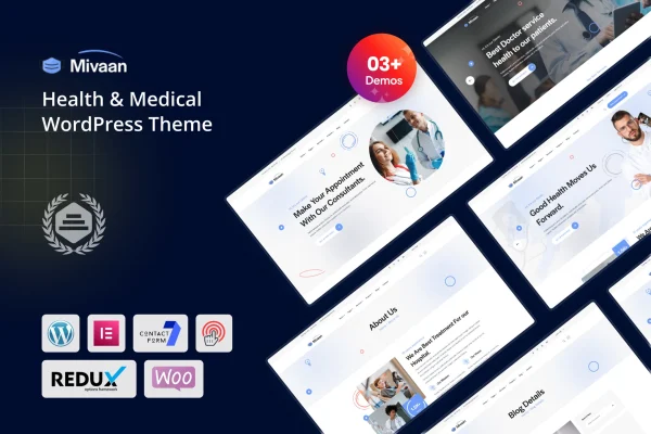 Mivaan health and medical WordPress theme preview showing a clinic website layout