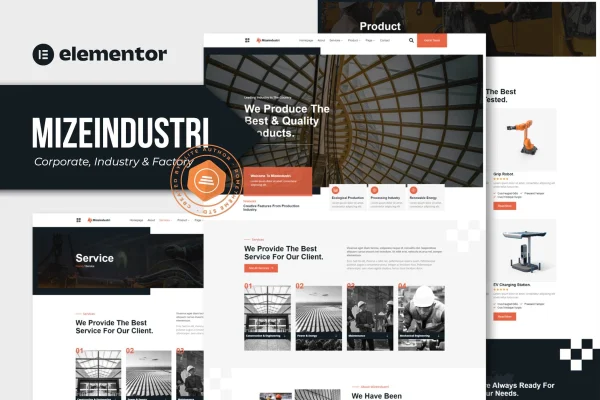 Mizeindustri corporate and factory Elementor template kit cover