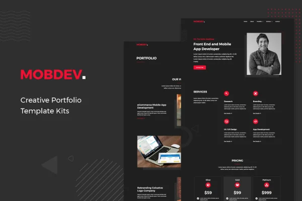 Mobdev creative portfolio and resume Elementor template kit preview
