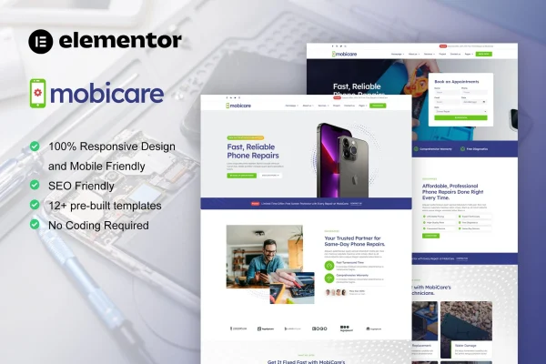 MobiCare phone and computer repair Elementor template kit preview