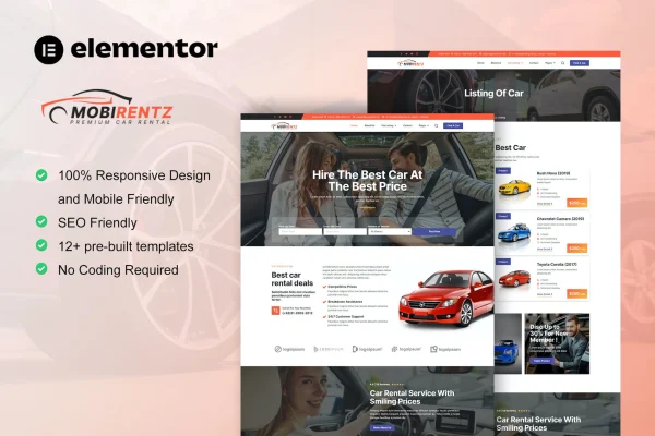 Mobirentz car rental and auto dealer Elementor template kit preview