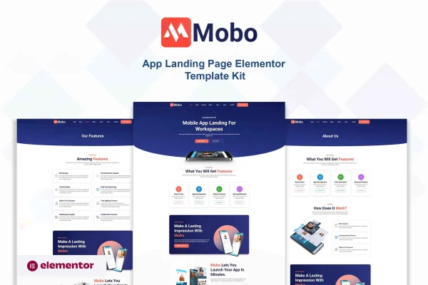 Mobo app landing page Elementor template kit preview