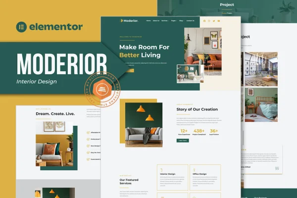 Moderior interior design Elementor template kit preview with modern page layouts